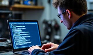 Technik s notebookem upravuje software